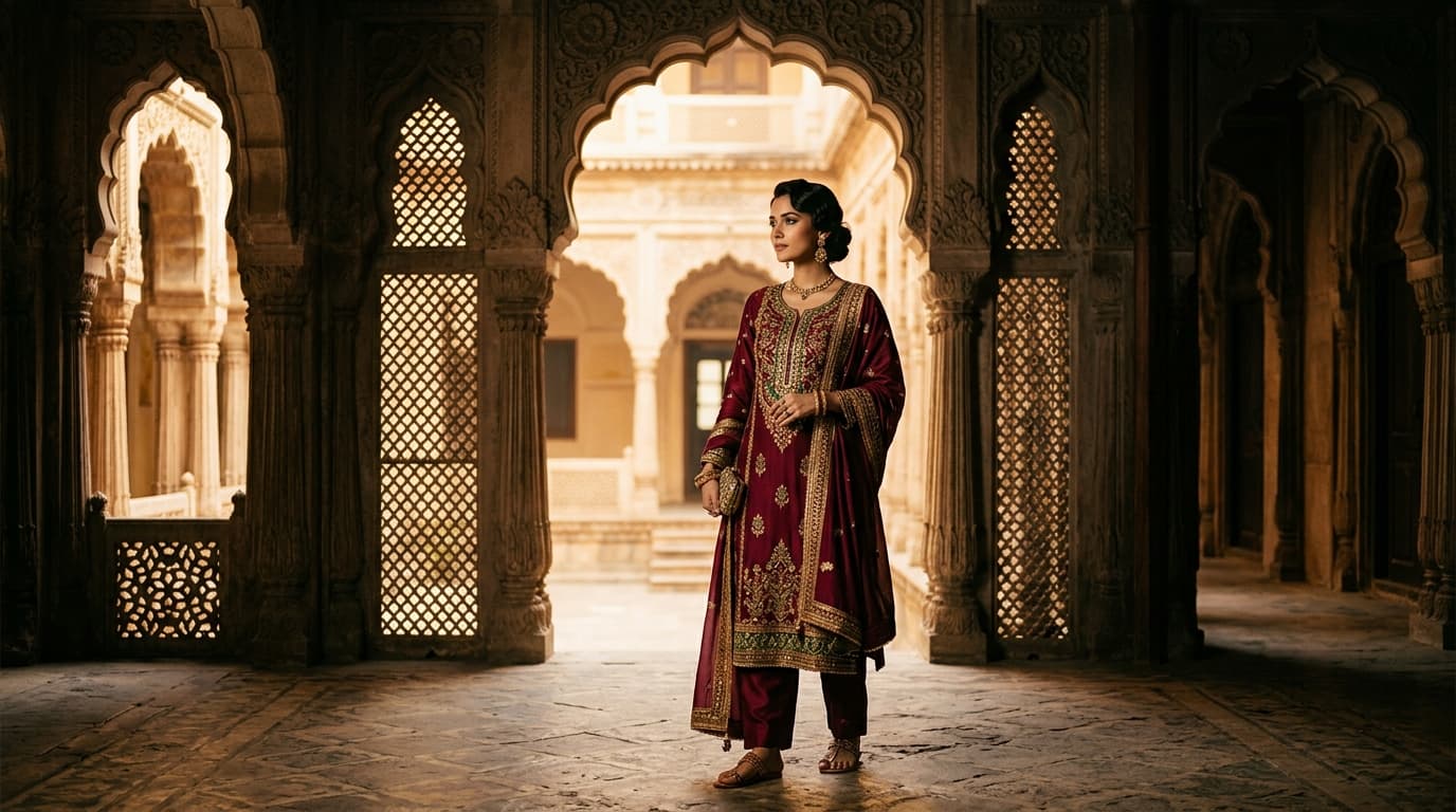 Luxury Indian ethnic fashion — embroidered silk kurta set in heritage architecture